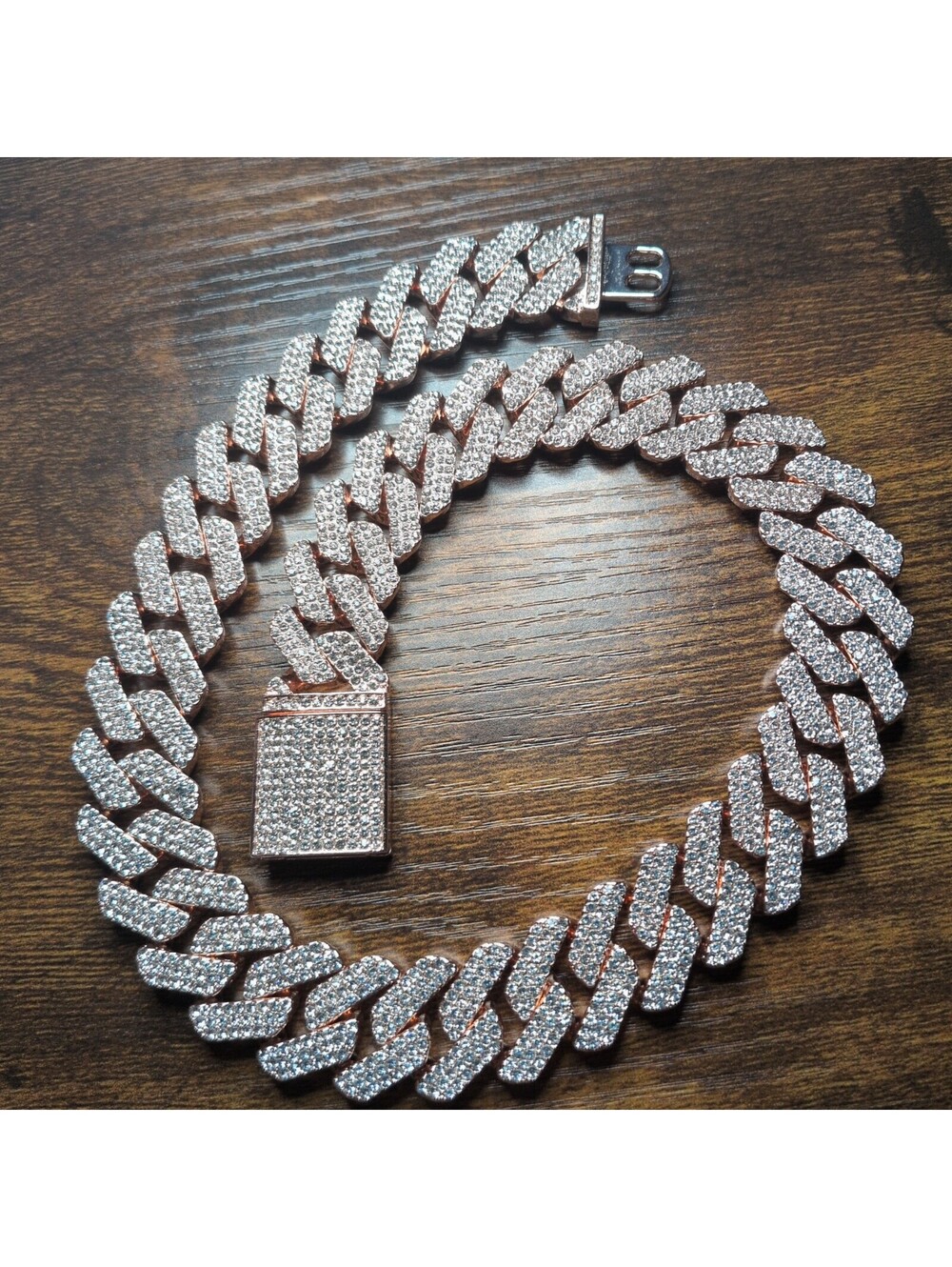 Miami cuban link chain, rose gold, 18 inch, stainless steel, iced out